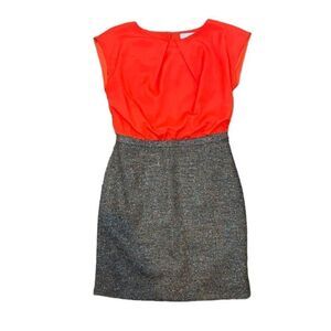 LOFT Wool Blend Tweed Pencil Dress Red-Orange‎ Top with Tweed Skirt Lined Size 0